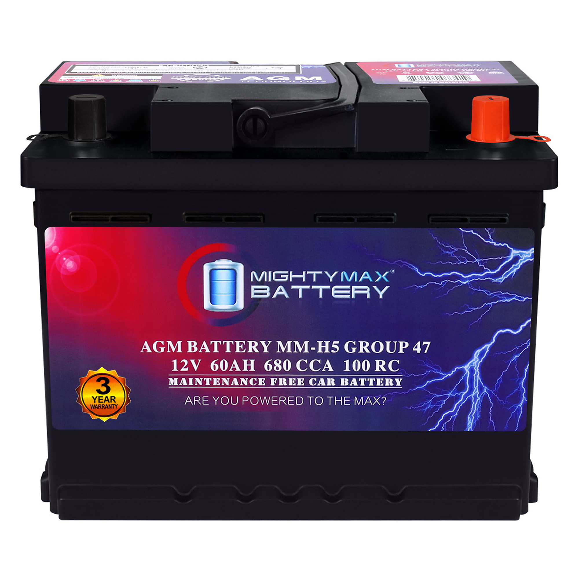 Mighty Max Battery Start and Stop Car Battery — 12V, 60Ah, 680 CCA, 100 Min. Reserve Capacity, AGM, Model# MAX3926699